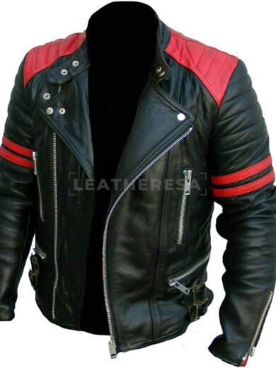 Biker Black Leather Jacket with Red Stripes