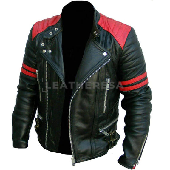 Biker Black Leather Jacket with Red Stripes