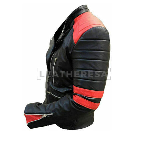 Biker Black Leather Jacket with Red Stripes