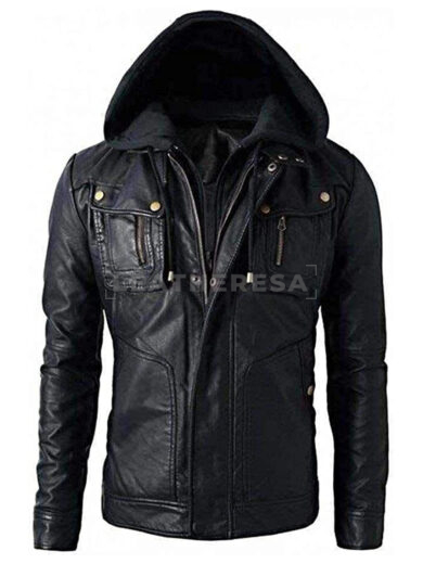 Biker Brando Style Removable Hood Leather Jacket