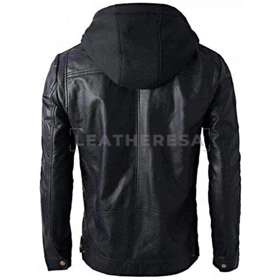 Biker Brando Style Removable Hood Leather Jacket