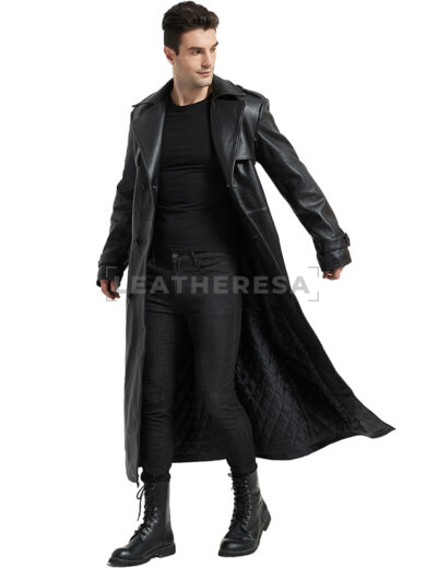 Men Black Quilted Long Leather Windproof Trench Coat