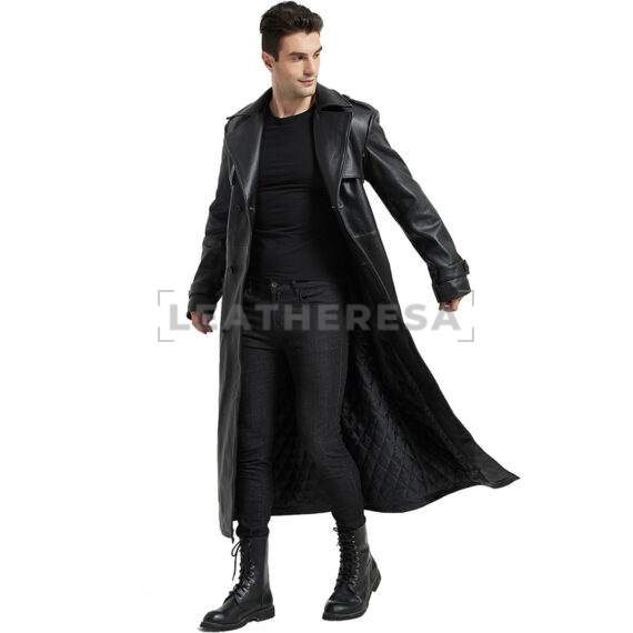 Men Black Quilted Long Leather Windproof Trench Coat