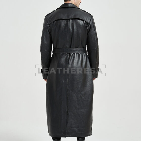 Men Black Quilted Long Leather Windproof Trench Coat