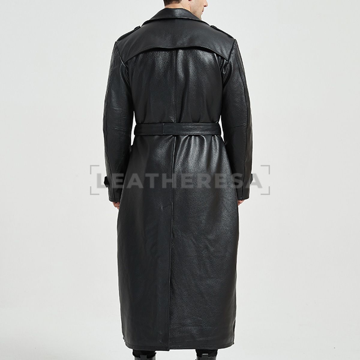 Men Black Quilted Long Leather Windproof Trench Coat