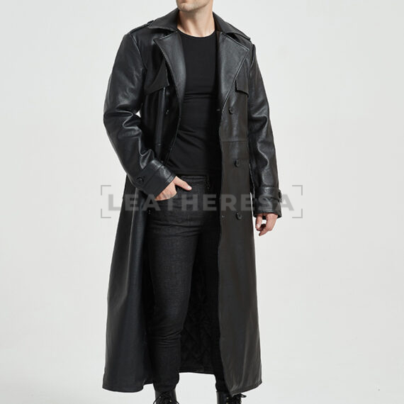 Men Black Quilted Long Leather Windproof Trench Coat