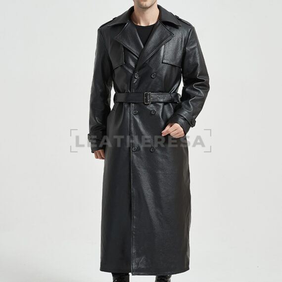 Men Black Quilted Long Leather Windproof Trench Coat