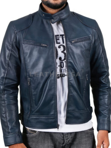 Men Blue Biker Leather Jacket