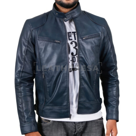 Men Blue Biker Leather Jacket