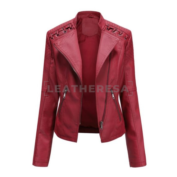 Women Red Biker Leather Jacket