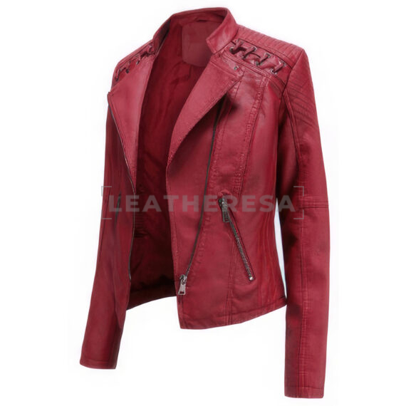Women Red Biker Leather Jacket