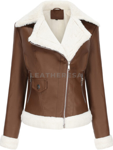 Women Brown Faux Fur Lady Classic Leather Jacket